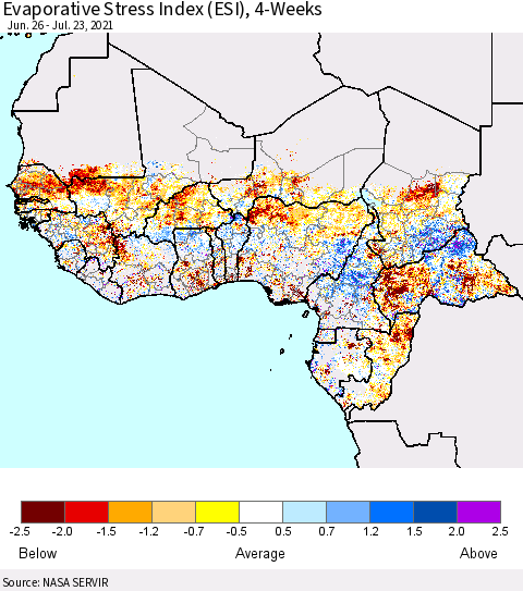 Western Africa Evaporative Stress Index (ESI), 4-Weeks Thematic Map For 7/19/2021 - 7/25/2021