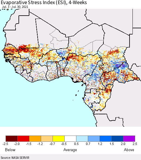 Western Africa Evaporative Stress Index (ESI), 4-Weeks Thematic Map For 7/26/2021 - 8/1/2021
