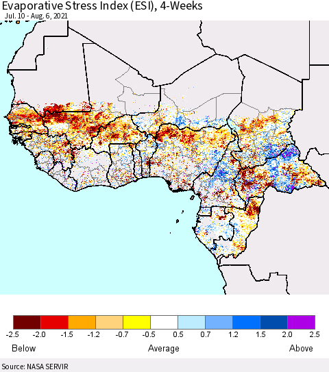 Western Africa Evaporative Stress Index (ESI), 4-Weeks Thematic Map For 8/2/2021 - 8/8/2021