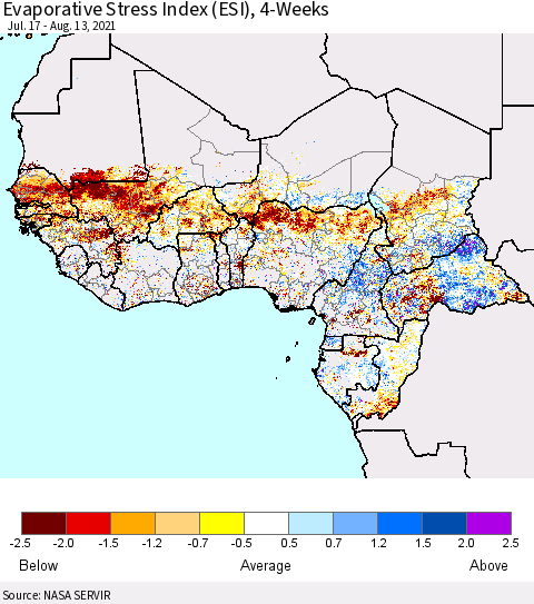 Western Africa Evaporative Stress Index (ESI), 4-Weeks Thematic Map For 8/9/2021 - 8/15/2021
