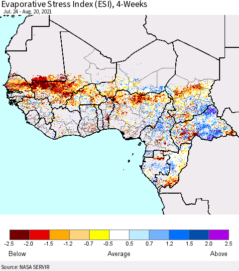Western Africa Evaporative Stress Index (ESI), 4-Weeks Thematic Map For 8/16/2021 - 8/22/2021