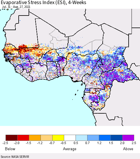 Western Africa Evaporative Stress Index (ESI), 4-Weeks Thematic Map For 8/23/2021 - 8/29/2021