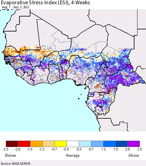 Western Africa Evaporative Stress Index (ESI), 4-Weeks Thematic Map For 8/30/2021 - 9/5/2021