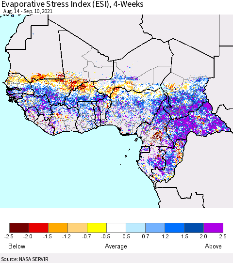 Western Africa Evaporative Stress Index (ESI), 4-Weeks Thematic Map For 9/6/2021 - 9/12/2021