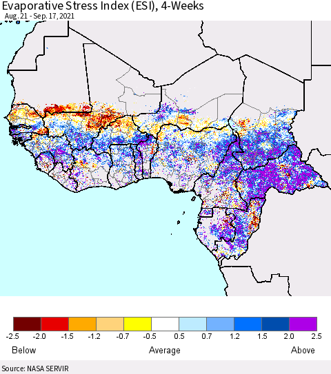 Western Africa Evaporative Stress Index (ESI), 4-Weeks Thematic Map For 9/13/2021 - 9/19/2021