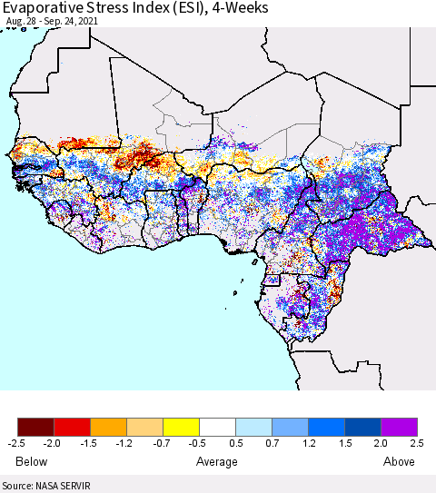 Western Africa Evaporative Stress Index (ESI), 4-Weeks Thematic Map For 9/20/2021 - 9/26/2021