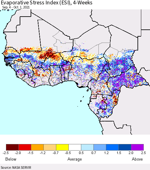 Western Africa Evaporative Stress Index (ESI), 4-Weeks Thematic Map For 9/27/2021 - 10/3/2021