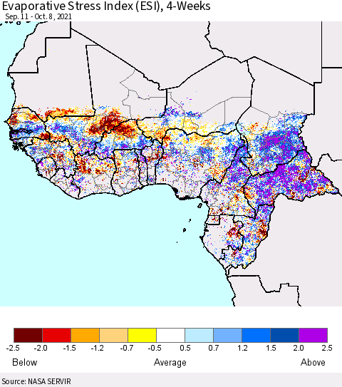 Western Africa Evaporative Stress Index (ESI), 4-Weeks Thematic Map For 10/4/2021 - 10/10/2021