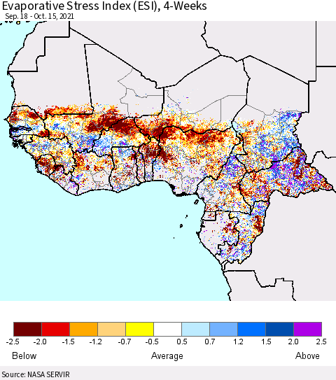 Western Africa Evaporative Stress Index (ESI), 4-Weeks Thematic Map For 10/11/2021 - 10/17/2021