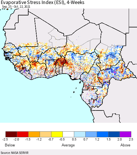 Western Africa Evaporative Stress Index (ESI), 4-Weeks Thematic Map For 10/18/2021 - 10/24/2021