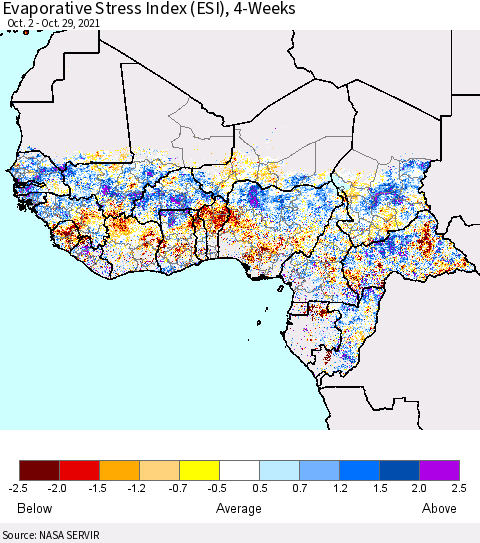 Western Africa Evaporative Stress Index (ESI), 4-Weeks Thematic Map For 10/25/2021 - 10/31/2021