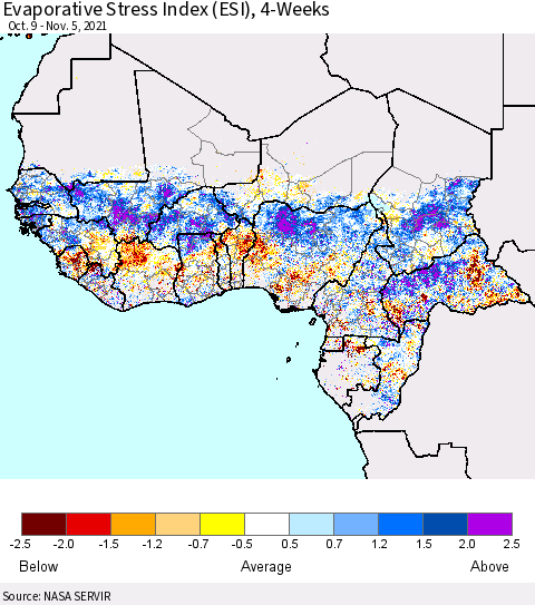 Western Africa Evaporative Stress Index (ESI), 4-Weeks Thematic Map For 11/1/2021 - 11/7/2021