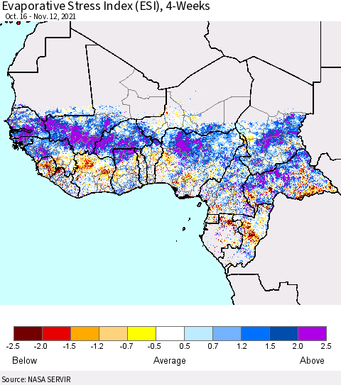Western Africa Evaporative Stress Index (ESI), 4-Weeks Thematic Map For 11/8/2021 - 11/14/2021