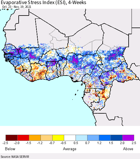 Western Africa Evaporative Stress Index (ESI), 4-Weeks Thematic Map For 11/15/2021 - 11/21/2021