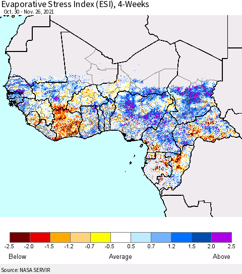 Western Africa Evaporative Stress Index (ESI), 4-Weeks Thematic Map For 11/22/2021 - 11/28/2021