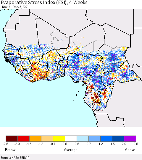Western Africa Evaporative Stress Index (ESI), 4-Weeks Thematic Map For 11/29/2021 - 12/5/2021
