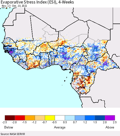 Western Africa Evaporative Stress Index (ESI), 4-Weeks Thematic Map For 12/6/2021 - 12/12/2021