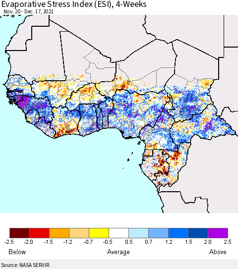 Western Africa Evaporative Stress Index (ESI), 4-Weeks Thematic Map For 12/13/2021 - 12/19/2021