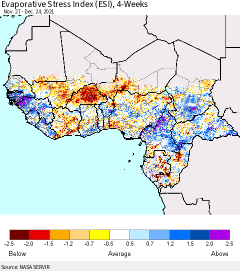 Western Africa Evaporative Stress Index (ESI), 4-Weeks Thematic Map For 12/20/2021 - 12/26/2021