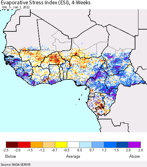 Western Africa Evaporative Stress Index (ESI), 4-Weeks Thematic Map For 12/27/2021 - 1/2/2022