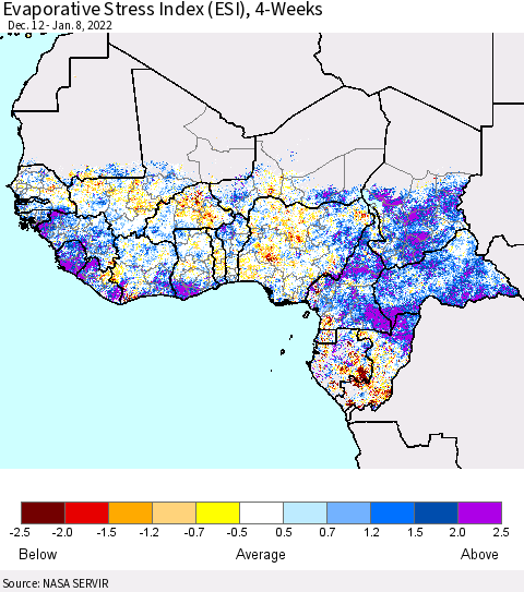 Western Africa Evaporative Stress Index (ESI), 4-Weeks Thematic Map For 1/3/2022 - 1/9/2022