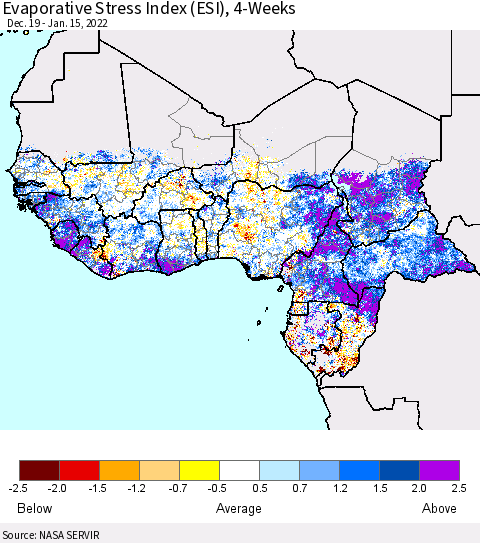 Western Africa Evaporative Stress Index (ESI), 4-Weeks Thematic Map For 1/10/2022 - 1/16/2022