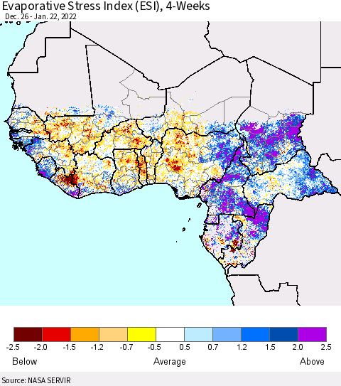 Western Africa Evaporative Stress Index (ESI), 4-Weeks Thematic Map For 1/17/2022 - 1/23/2022