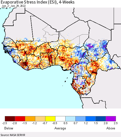 Western Africa Evaporative Stress Index (ESI), 4-Weeks Thematic Map For 1/24/2022 - 1/30/2022