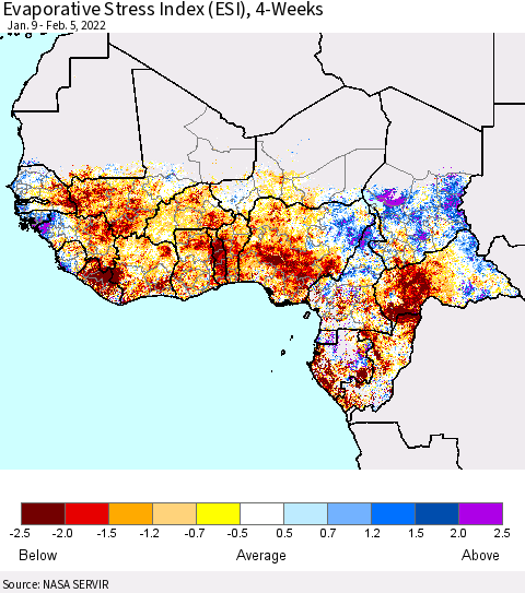 Western Africa Evaporative Stress Index (ESI), 4-Weeks Thematic Map For 1/31/2022 - 2/6/2022