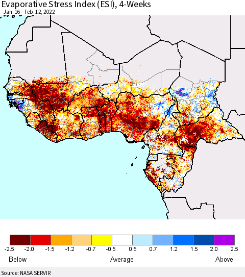 Western Africa Evaporative Stress Index (ESI), 4-Weeks Thematic Map For 2/7/2022 - 2/13/2022