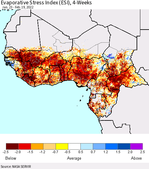 Western Africa Evaporative Stress Index (ESI), 4-Weeks Thematic Map For 2/14/2022 - 2/20/2022