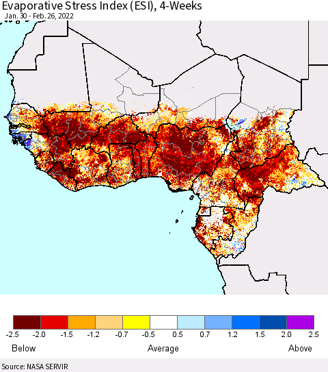 Western Africa Evaporative Stress Index (ESI), 4-Weeks Thematic Map For 2/21/2022 - 2/27/2022