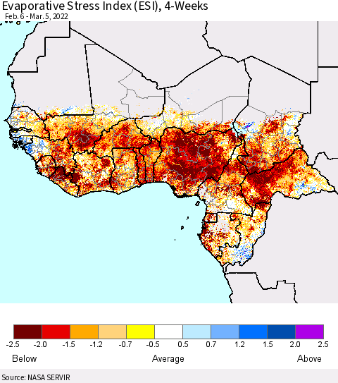 Western Africa Evaporative Stress Index (ESI), 4-Weeks Thematic Map For 2/28/2022 - 3/6/2022