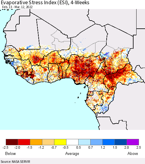 Western Africa Evaporative Stress Index (ESI), 4-Weeks Thematic Map For 3/7/2022 - 3/13/2022