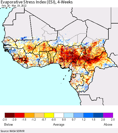 Western Africa Evaporative Stress Index (ESI), 4-Weeks Thematic Map For 3/14/2022 - 3/20/2022