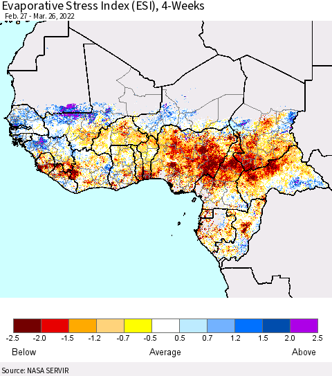 Western Africa Evaporative Stress Index (ESI), 4-Weeks Thematic Map For 3/21/2022 - 3/27/2022