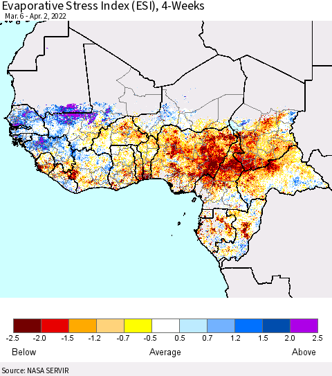 Western Africa Evaporative Stress Index (ESI), 4-Weeks Thematic Map For 3/28/2022 - 4/3/2022