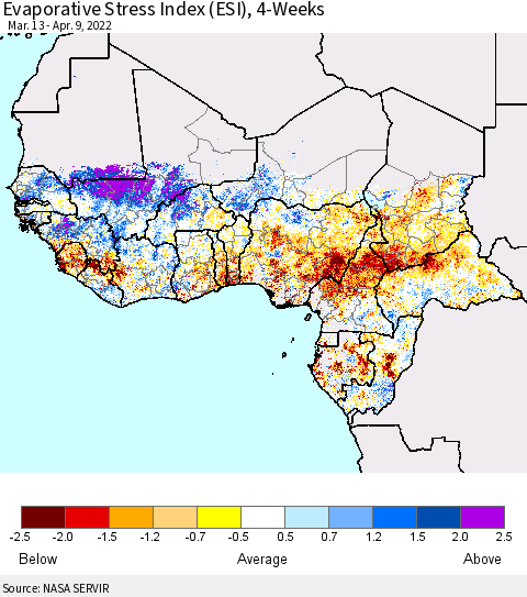 Western Africa Evaporative Stress Index (ESI), 4-Weeks Thematic Map For 4/4/2022 - 4/10/2022