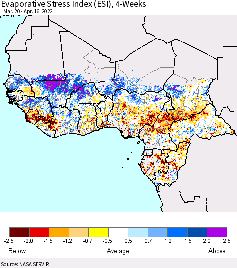 Western Africa Evaporative Stress Index (ESI), 4-Weeks Thematic Map For 4/11/2022 - 4/17/2022