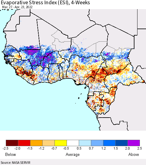 Western Africa Evaporative Stress Index (ESI), 4-Weeks Thematic Map For 4/18/2022 - 4/24/2022