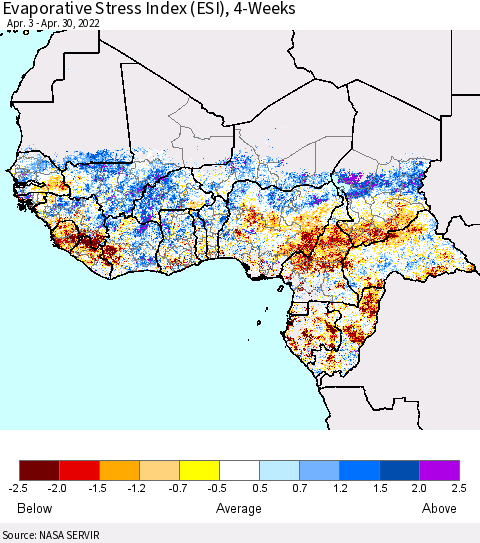 Western Africa Evaporative Stress Index (ESI), 4-Weeks Thematic Map For 4/25/2022 - 5/1/2022