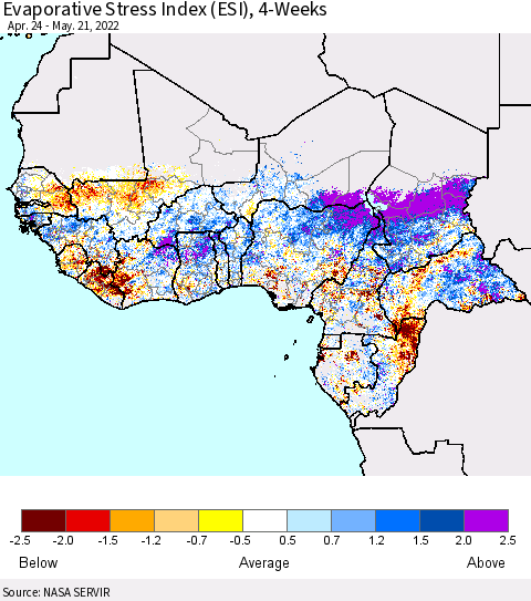 Western Africa Evaporative Stress Index (ESI), 4-Weeks Thematic Map For 5/16/2022 - 5/22/2022