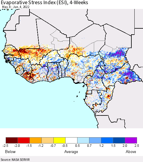 Western Africa Evaporative Stress Index (ESI), 4-Weeks Thematic Map For 5/30/2022 - 6/5/2022