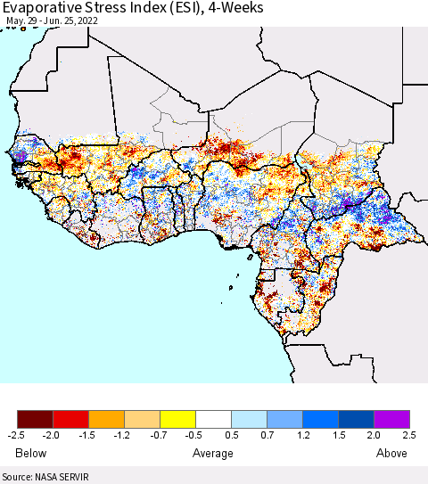 Western Africa Evaporative Stress Index (ESI), 4-Weeks Thematic Map For 6/20/2022 - 6/26/2022