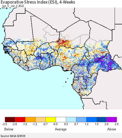 Western Africa Evaporative Stress Index (ESI), 4-Weeks Thematic Map For 6/27/2022 - 7/3/2022