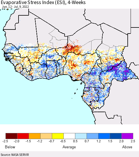 Western Africa Evaporative Stress Index (ESI), 4-Weeks Thematic Map For 7/4/2022 - 7/10/2022