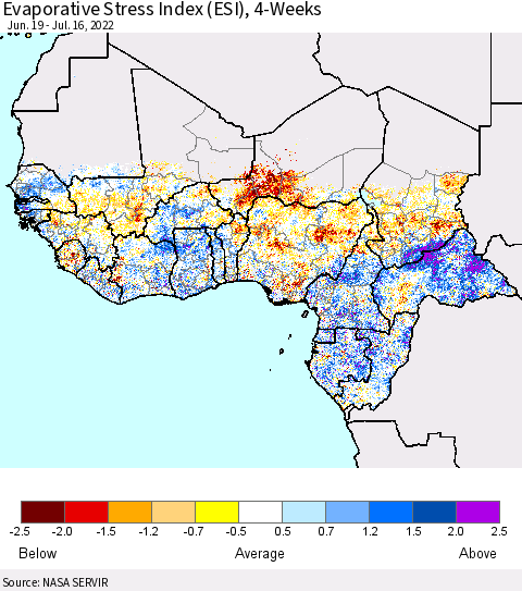 Western Africa Evaporative Stress Index (ESI), 4-Weeks Thematic Map For 7/11/2022 - 7/17/2022