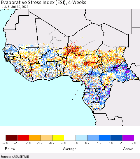 Western Africa Evaporative Stress Index (ESI), 4-Weeks Thematic Map For 7/25/2022 - 7/31/2022