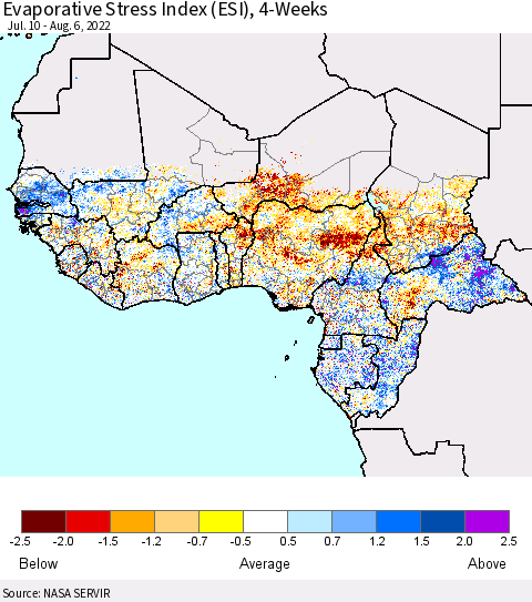 Western Africa Evaporative Stress Index (ESI), 4-Weeks Thematic Map For 8/1/2022 - 8/7/2022