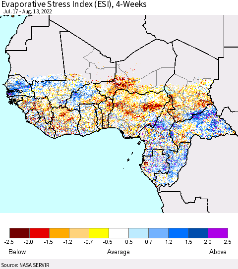 Western Africa Evaporative Stress Index (ESI), 4-Weeks Thematic Map For 8/8/2022 - 8/14/2022